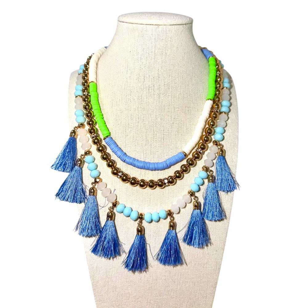 NWT Lilly Pulitzer Tassel Bib Necklace Blue Green Gold Statement Jewelry